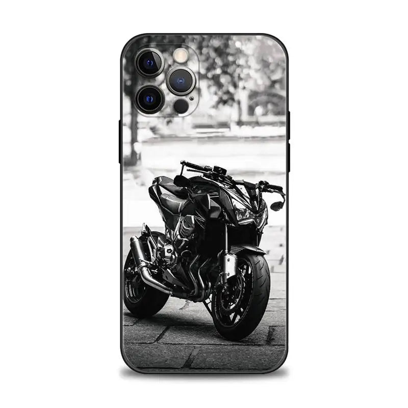 The Motocross for iPhone Phone Case features a striking black-and-white image of a motorcycle parked on a paved surface, making it perfect for adventure enthusiasts. It's also anti-scratch to keep your case looking fresh.