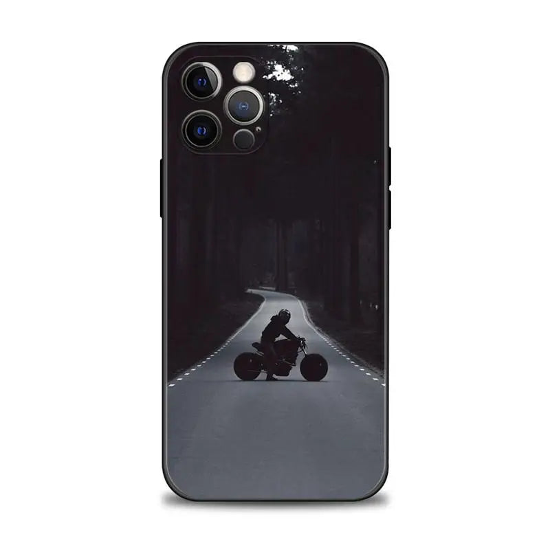 Motocross for iPhone case showcasing an adventurous image of a motorcyclist riding down a dark, tree-lined road at night, complete with anti-scratch protection.