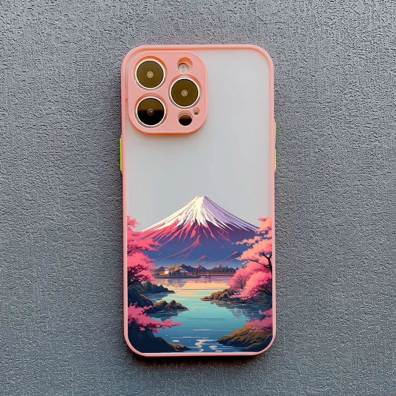 A pink phone case with a clear back featuring Mount Fuji and cherry blossoms