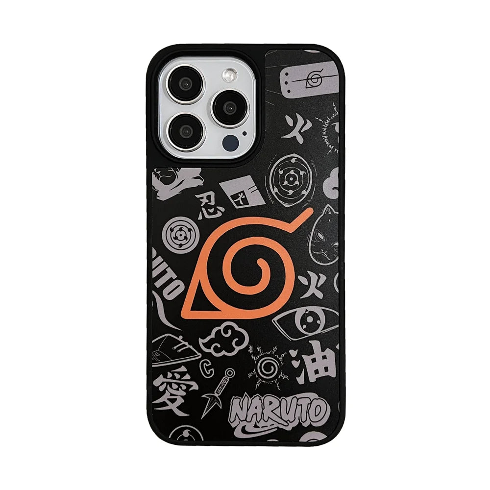 A lightweight smartphone case, named Naruto Universe for iPhone, features various "Naruto" themed designs including the prominent orange Leaf Village symbol and offers anti-scratch protection.