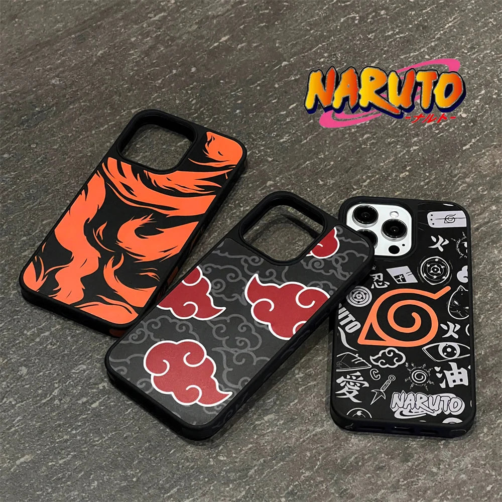 Three anti-scratch smartphone cases from the Naruto Universe for iPhone collection, featuring vibrant Naruto-themed designs such as a red flame pattern, Akatsuki clouds, and various symbols, displayed on a dark stone surface. The Naruto logo is visible above them.