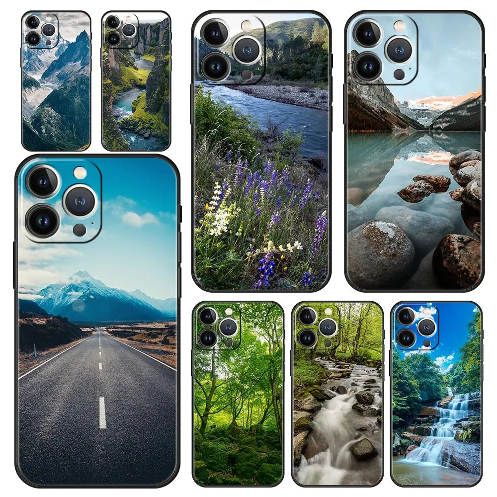 The Nature for iPhone collection showcases an array of lightweight cases adorned with nature-inspired designs depicting mountains, rivers, forests, and roads, all displayed in a grid layout.