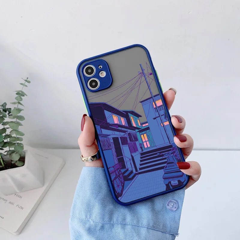 A blue phone case with a frosted back featuring a cityscape at night