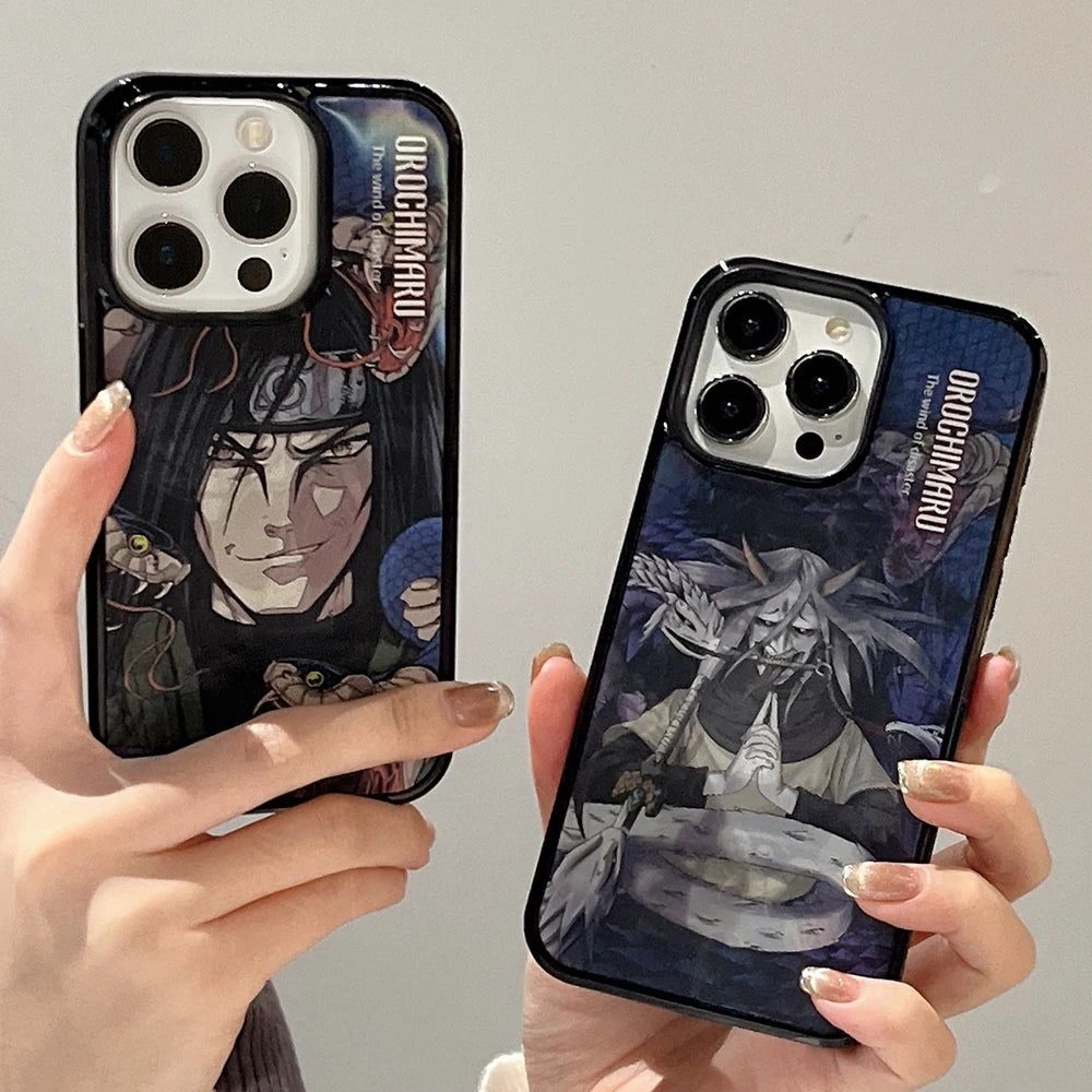 Two hands holding MagSafe-compatible iPhones with anime-themed cases. The left case features a character with dark hair and a headband, while the right case depicts Orochimaru Angle Art, showcasing a character with long, spiky hair in stunning 3D effect.