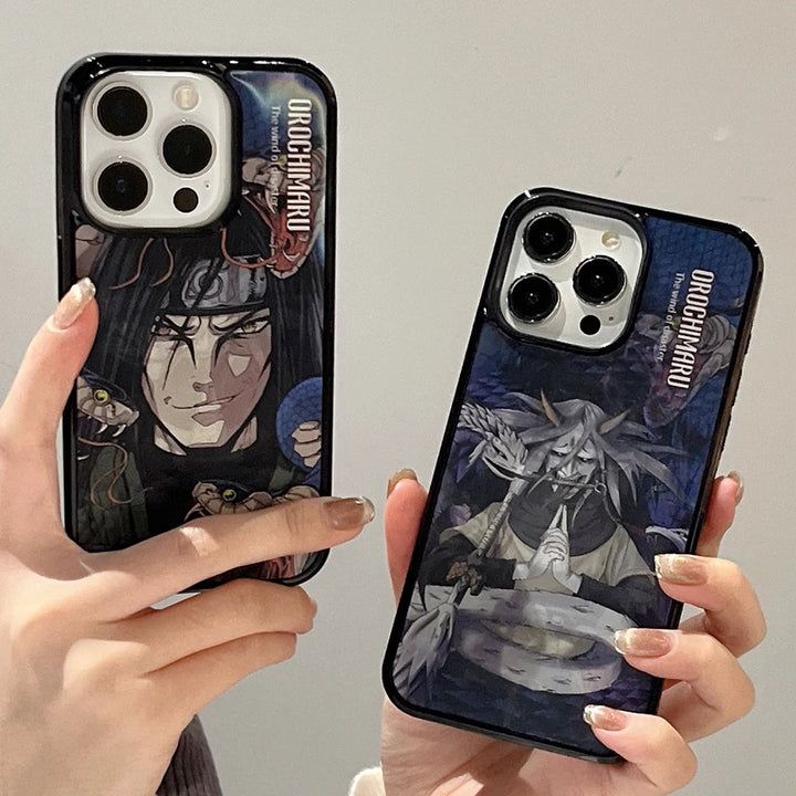 Two hands holding MagSafe-compatible iPhones with anime-themed cases. The left case features a character with dark hair and a headband, while the right case depicts Orochimaru Angle Art, showcasing a character with long, spiky hair in stunning 3D effect.