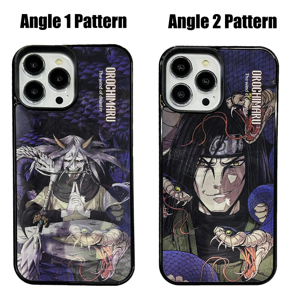 Two Orochimaru Angle Art phone cases are shown. The case on the left features Orochimaru with a snake, while the case on the right displays a close-up of his face with multiple snakes. Both cases boast a stunning 3D effect and are MagSafe compatible, ensuring style meets functionality seamlessly.