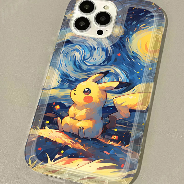 pikachu starry night phone case on table