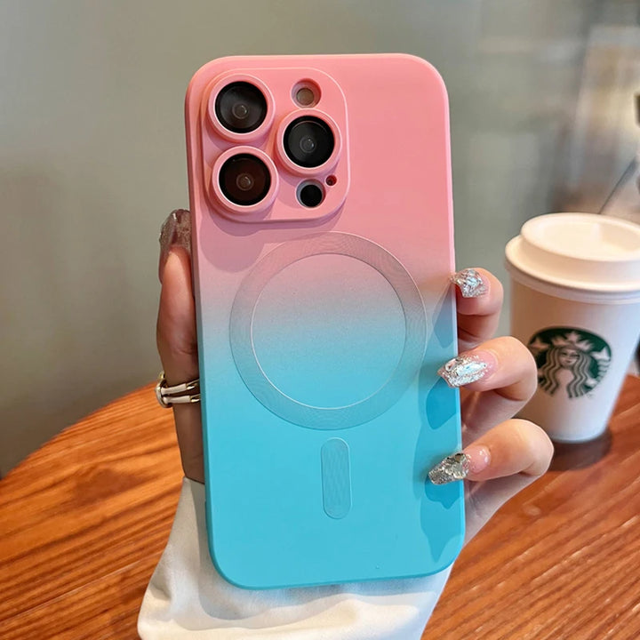 half pink and blue gradient phone case in hand