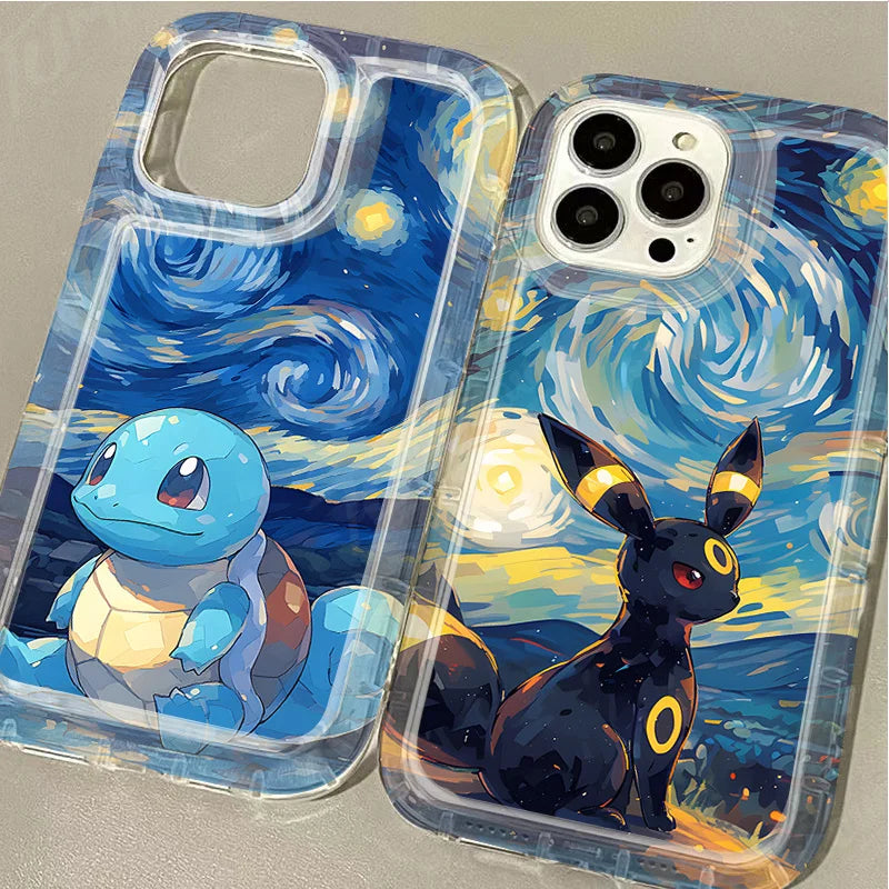 phone cases of squirtle and umbreon with starry night background