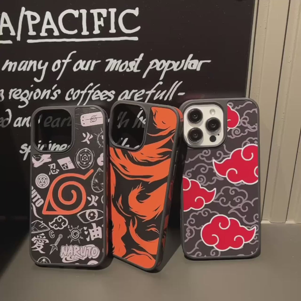 Video showcasing three different Naruto inspired design phone cases for iPhone