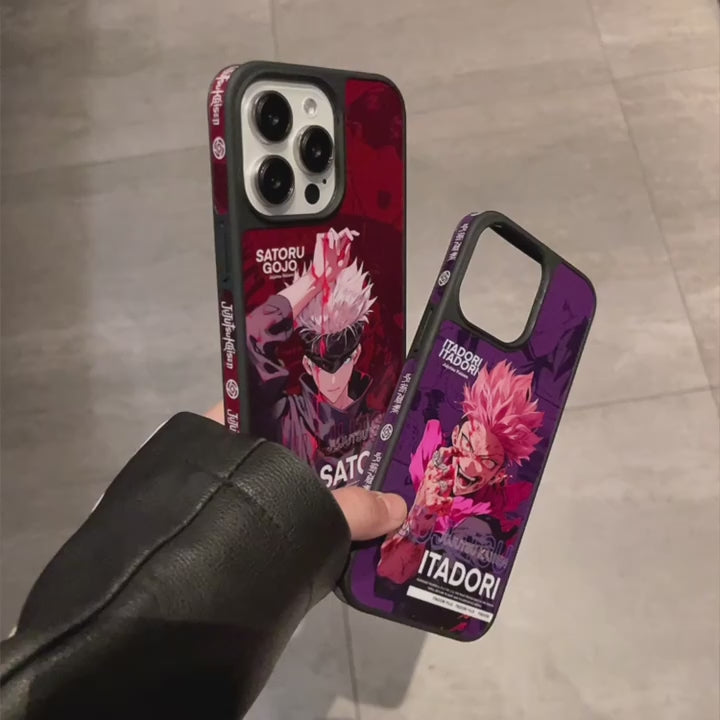 Video showing two phone cases featuring characters from Jujutsu Kaisen. One case has a red and black design featuring Satoru Gojo. The other case has a purple and black background with a featuring Yuji Itadori.