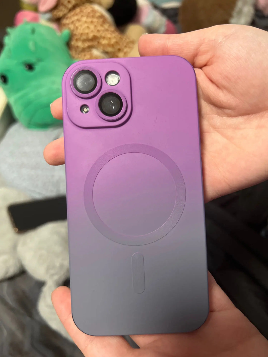 purple-gray gradient case in hand