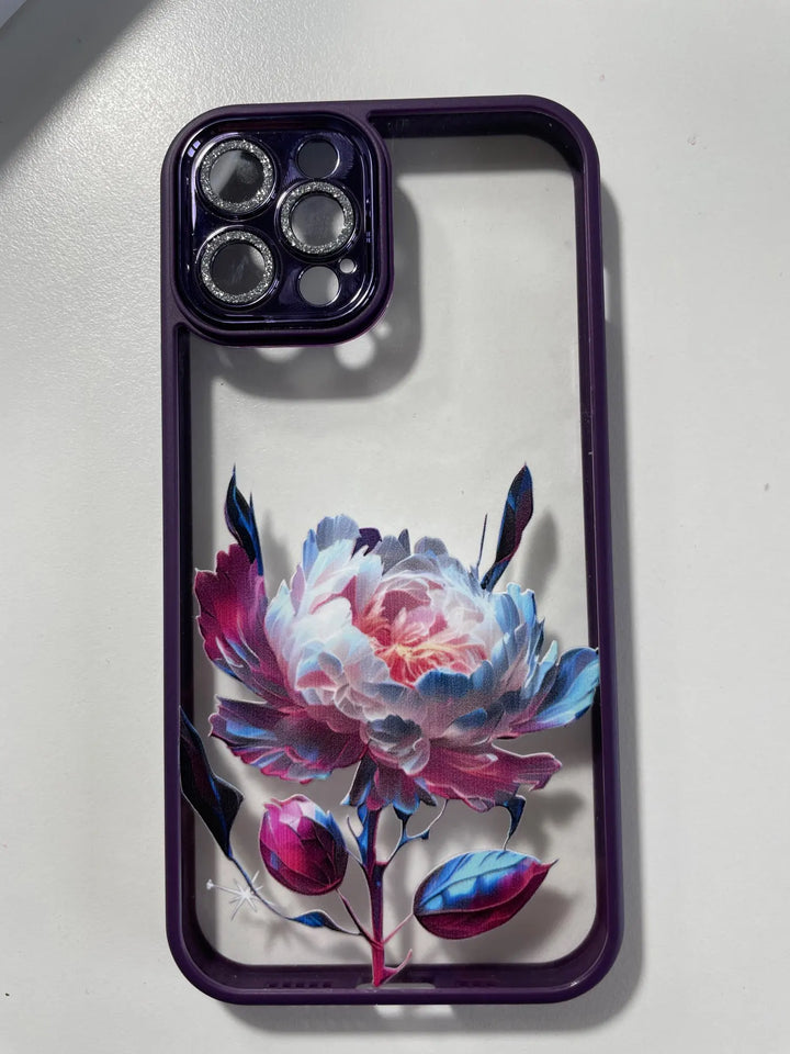 A phone case with a clear, transparent back featuring a vibrant rose design