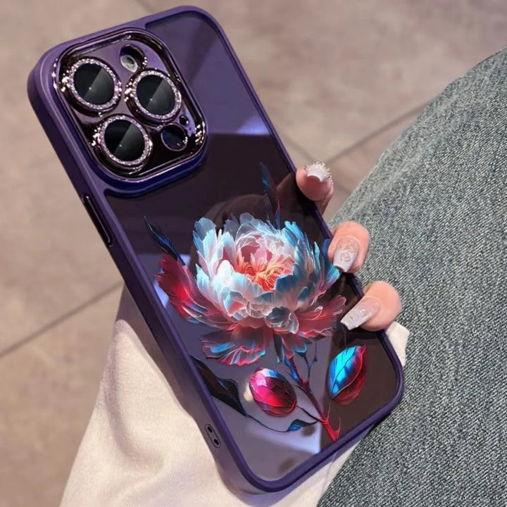 A phone case with a clear, transparent back featuring a vibrant rose design