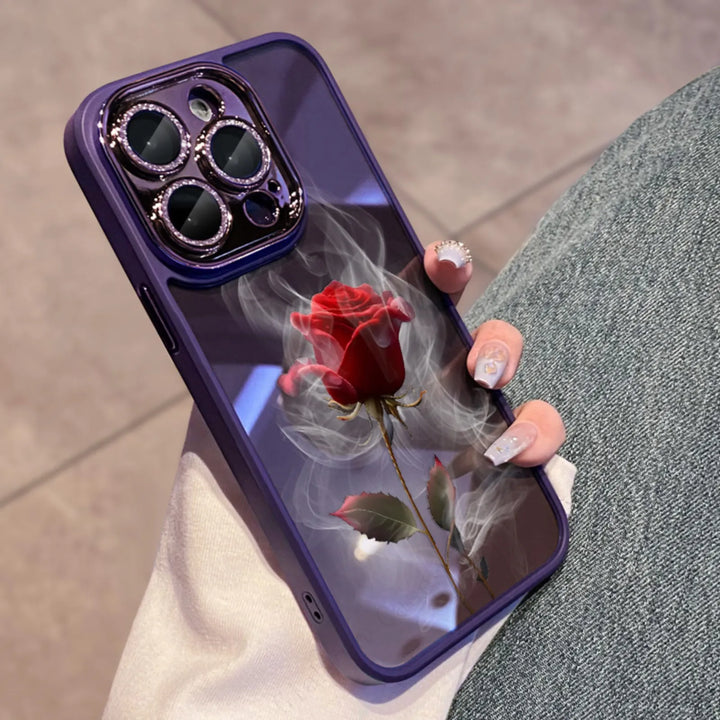 A phone case with a clear, transparent back featuring a vibrant rose design