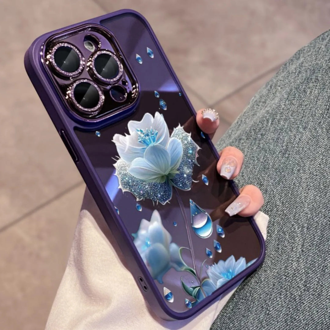 A phone case with a clear, transparent back featuring a vibrant rose design