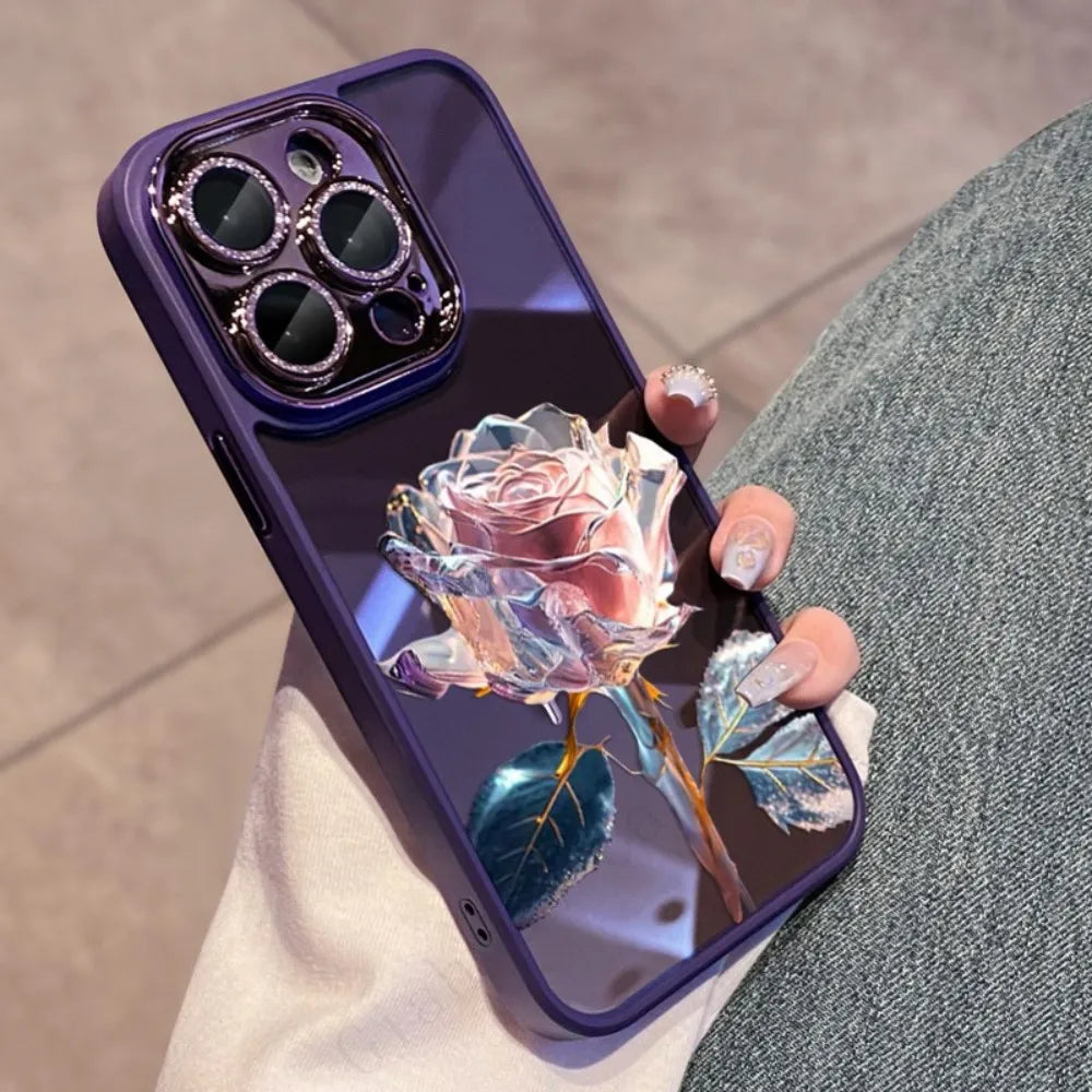 A phone case with a clear, transparent back featuring a vibrant rose design