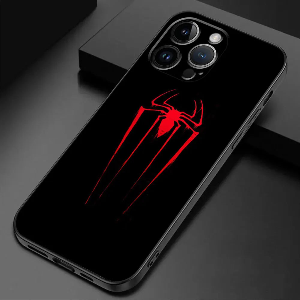 A black phone case with a red and black Spider-Man emblem