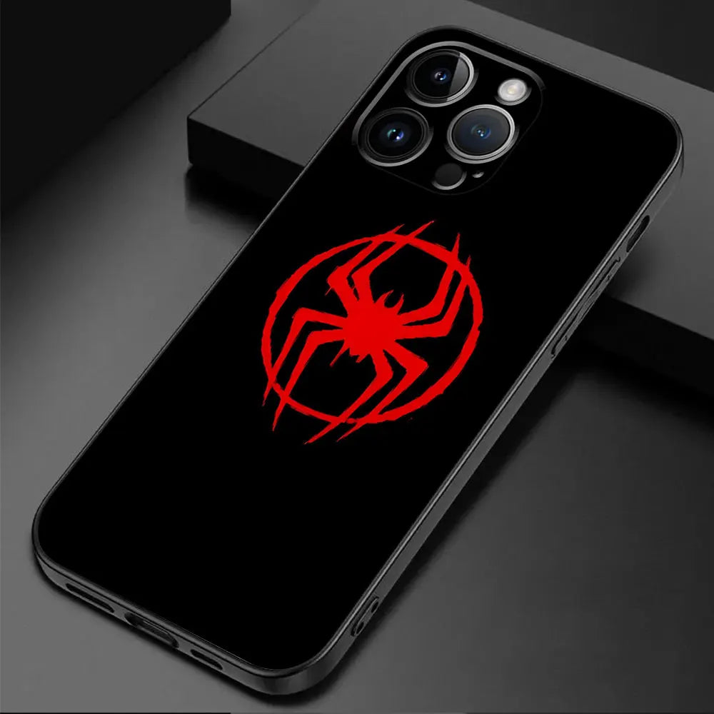 A black phone case with a red and black Spider-Man emblem