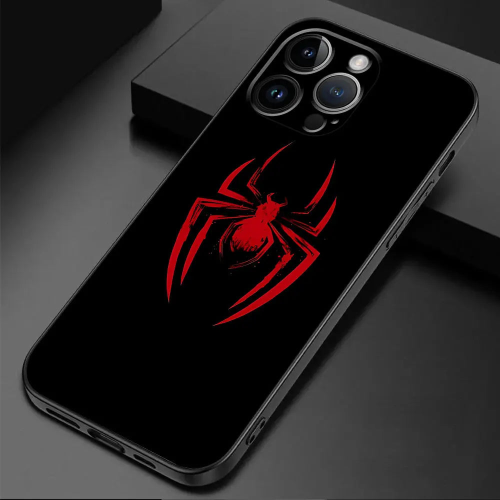 A black phone case with a red and black Spider-Man emblem