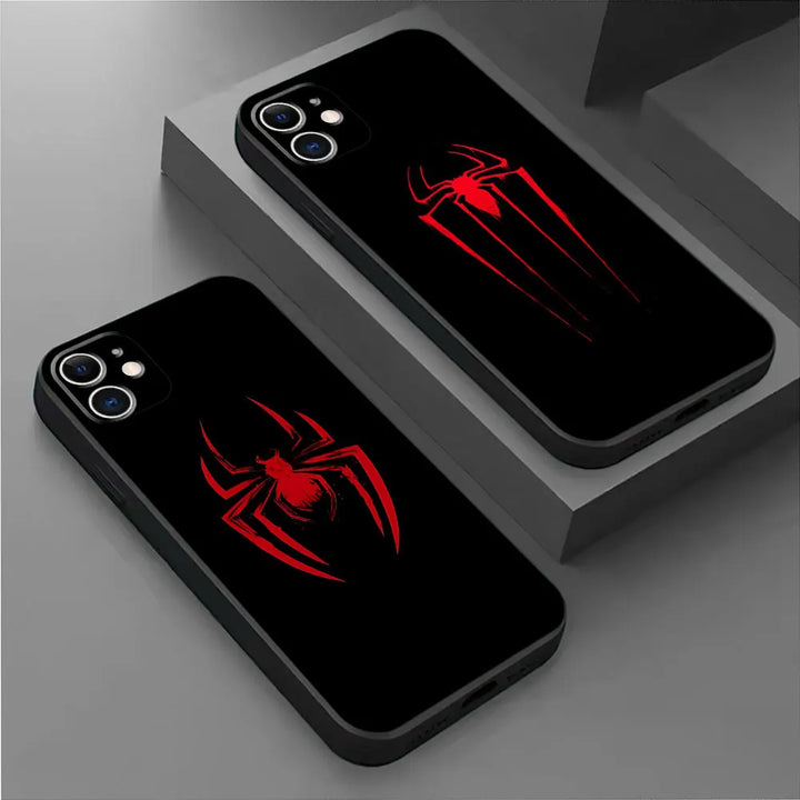 A black phone case with a red and black Spider-Man emblem