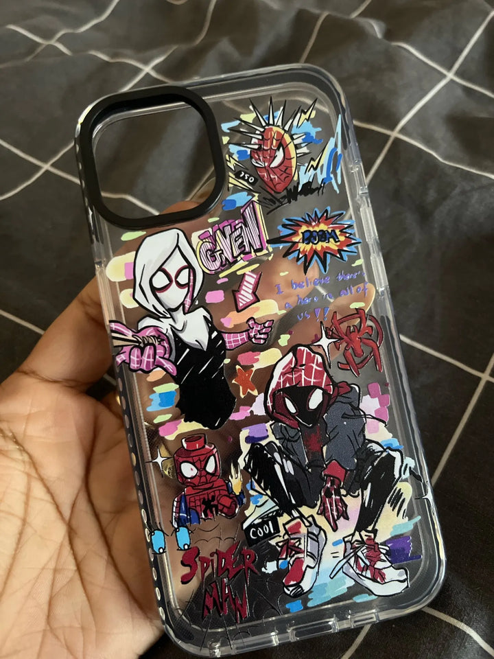 A transparent phone case with a colorful Spider-Verse design. It features characters like Miles Morales, Gwen Stacy, and other Spider-People