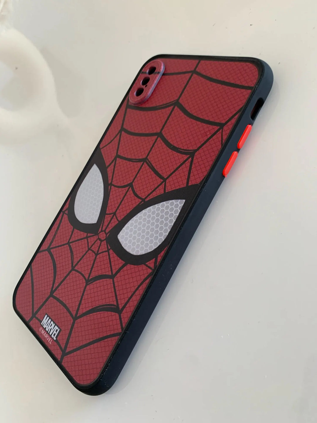 Side view of Spiderman mask case