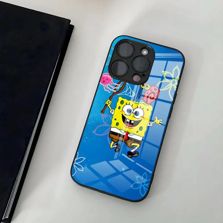 A glass phone case featuring SpongeBob SquarePants jumping for joy while holding a net