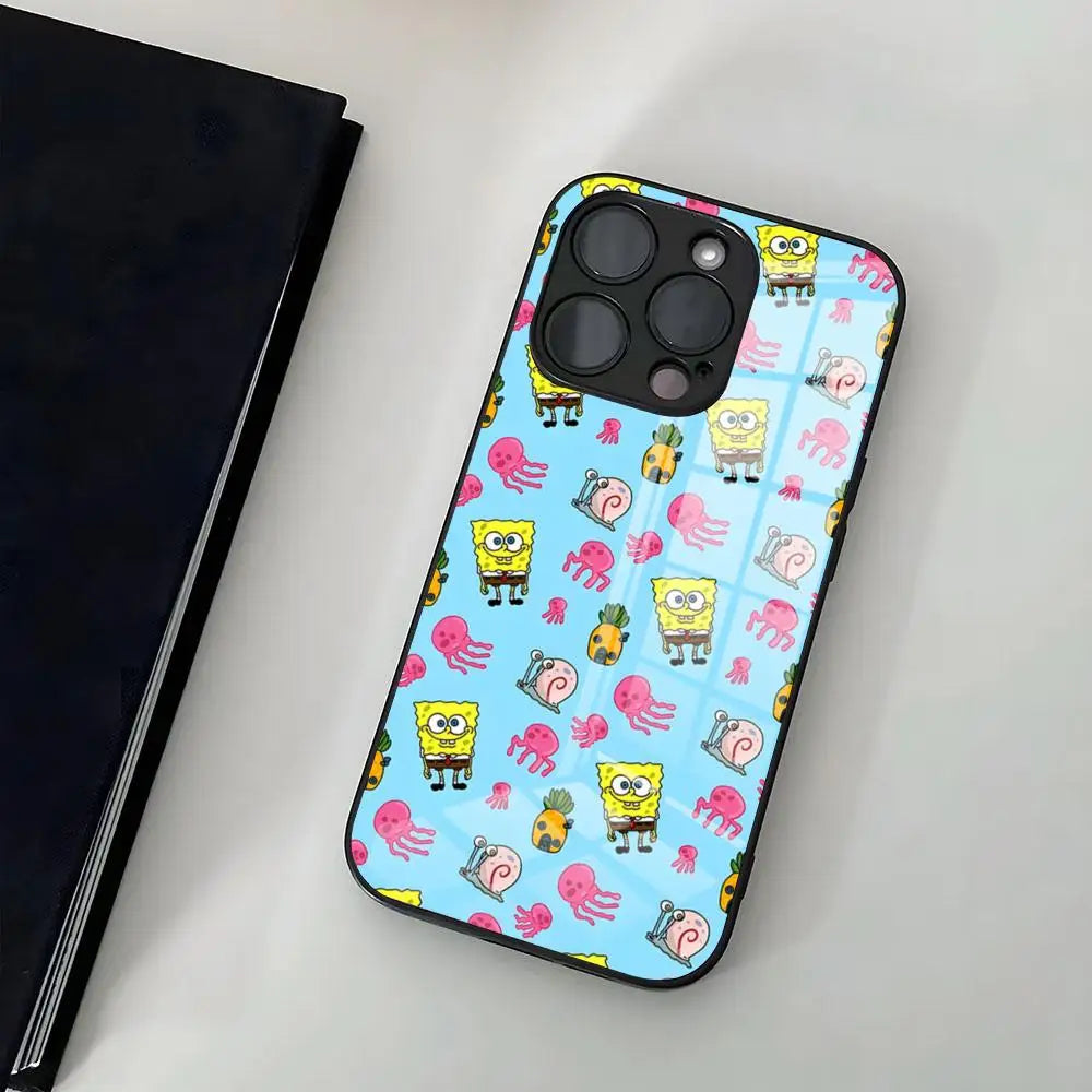 A glass phone case featuring a repeating pattern of SpongeBob SquarePants, Gary, and jellyfish.