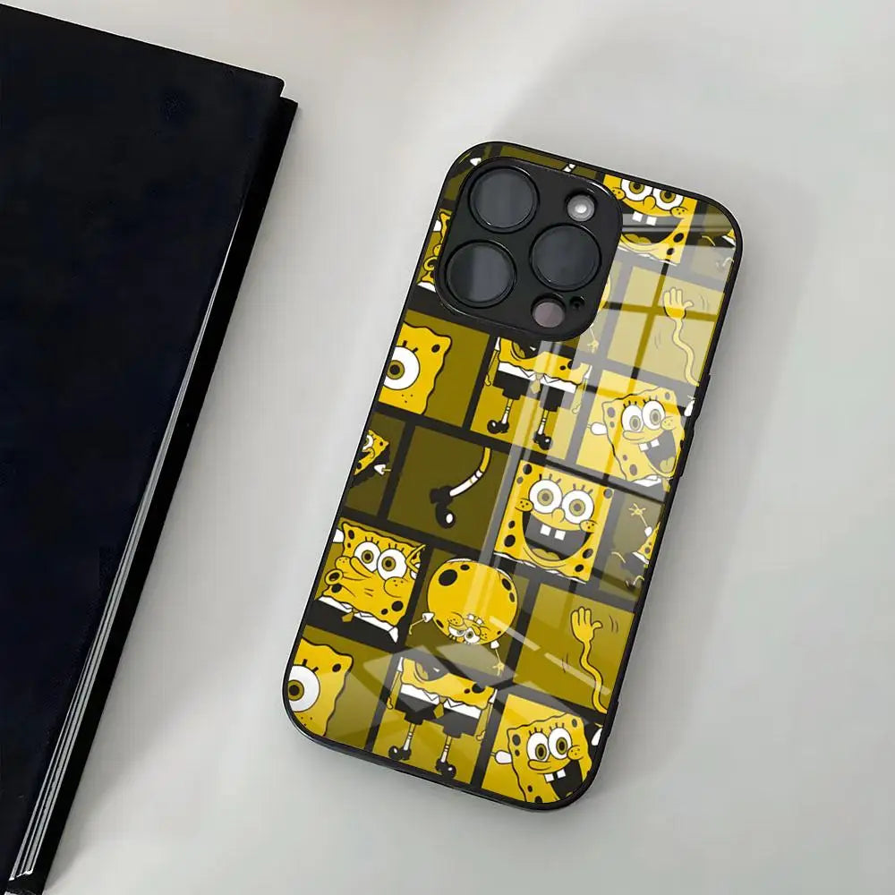 A glass iPhone case featuring a collage of SpongeBob SquarePants characters in various poses