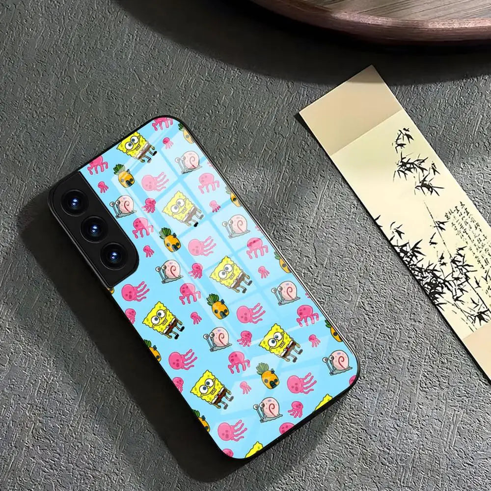 A glass phone case featuring a repeating pattern of SpongeBob SquarePants, Gary, and jellyfish