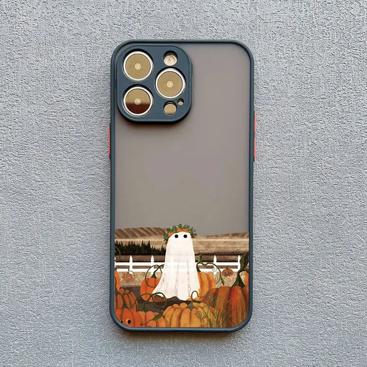 Phone case of cute ghost in pumpkin patch