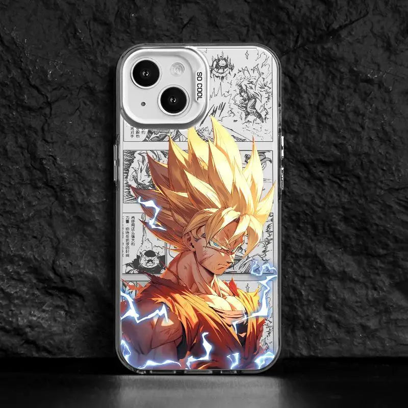 Phone case of Goku in Super Saiyan form against a comic panel background