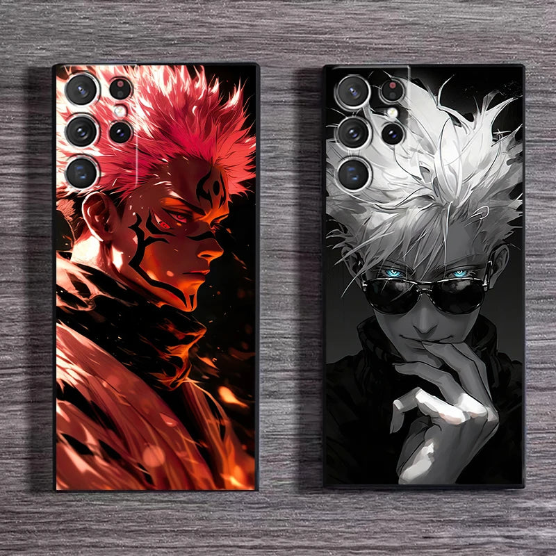 Two phone cases featuring images of sukuna and gojo respectively