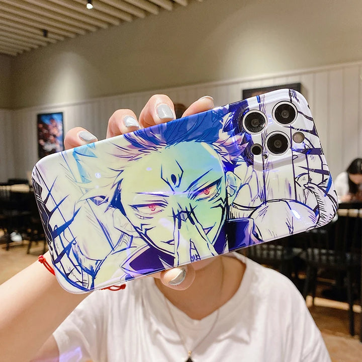 A phone case featuring Sukuna from Jujutsu Kaisen, showcasing Sukuna's menacing face and his iconic finger gesture