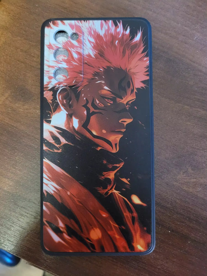 A phone case featuring Sukuna from Jujutsu Kaisen. The case has a black background with a fiery red image of Sukuna's face.