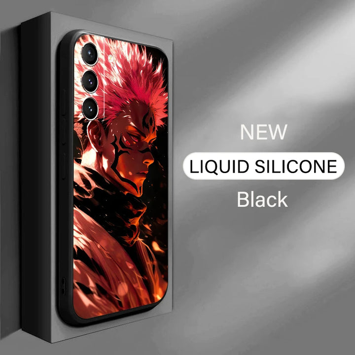 A phone case featuring Sukuna from Jujutsu Kaisen. The case has a black background with a fiery red image of Sukuna's face.