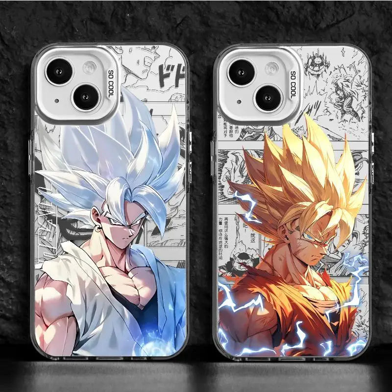 Two phone cases featuring Goku in his Super Saiyan and Ultra Instinct forms against a comic panel background