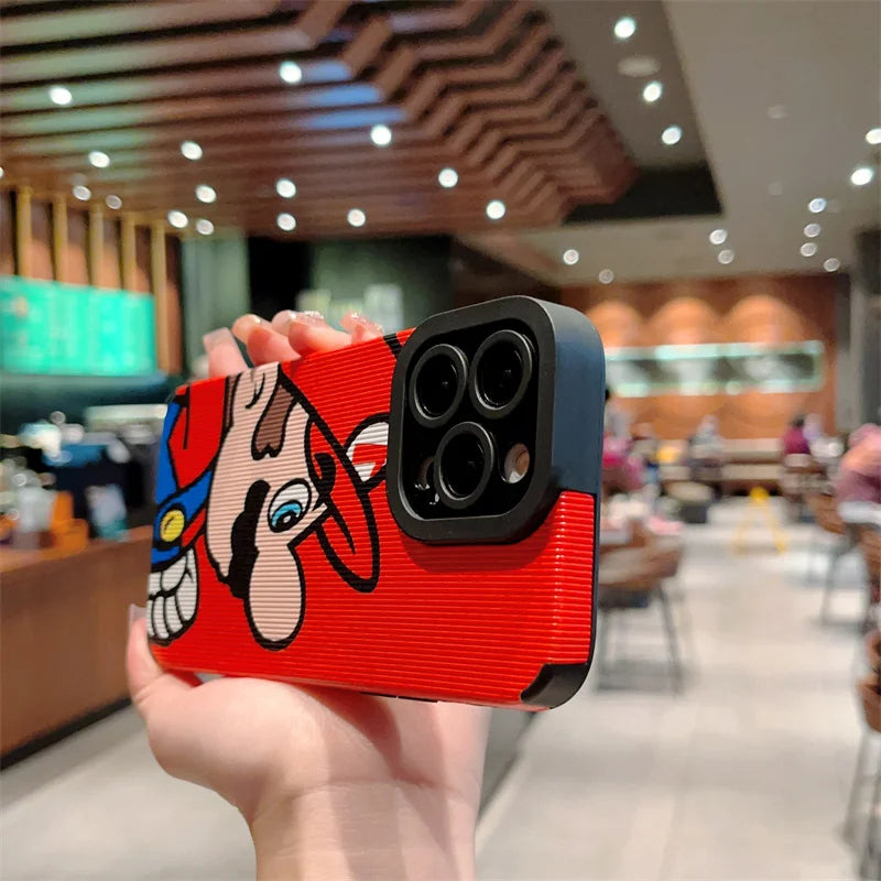 Updated Sentence: A person holds up an iPhone encased in a Super Mario for iPhone, possibly in a modern cafe with a well-lit interior and several people in the background.