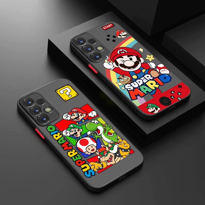 Two lightweight Super Mario for Samsung phone cases with colorful themes. One case features Mario and a rainbow, while the other showcases various characters like Mario, Luigi, and Yoshi. Both anti-scratch cases proudly display the "Super Mario" logo.