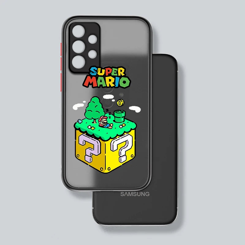 The Super Mario for Samsung phone comes with a lightweight, anti-scratch clear case featuring a "Super Mario" design, showcasing Mario, a question block, small trees, and a coin.