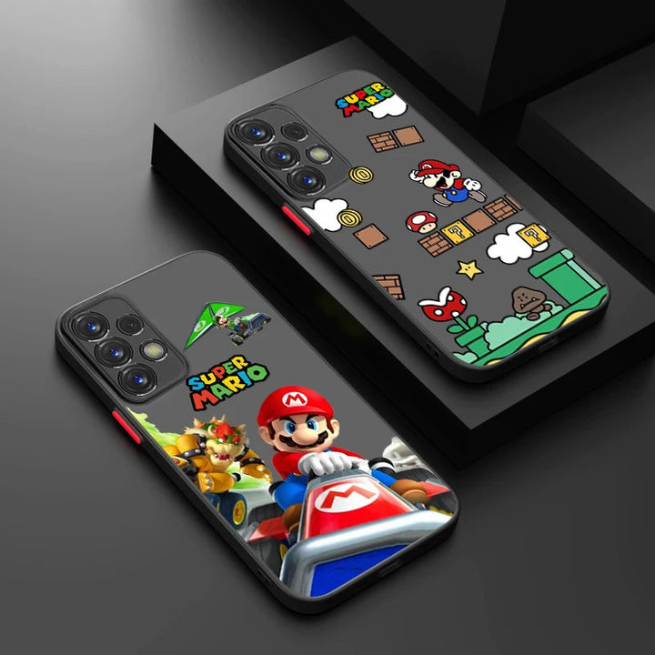 Two lightweight Super Mario for Samsung phone cases featuring iconic designs. One showcases Mario driving a kart with Bowser in the background, while the other depicts Mario in various gameplay scenes. Both cases are anti-scratch, ensuring your device stays protected.