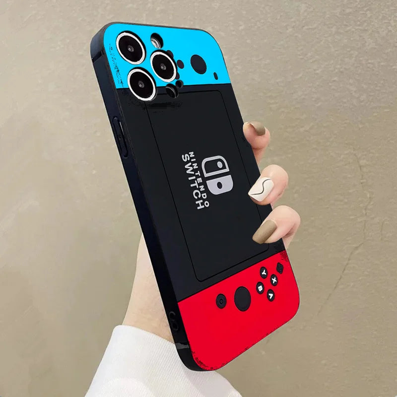 A person is holding a smartphone with a Switch for iPhone case that remarkably resembles a Nintendo Switch console.