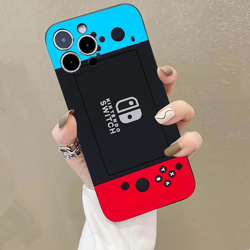 A hand holding a smartphone with the Switch for iPhone, a slim TPU Nintendo Switch-inspired phone case, featuring vibrant red and blue colors, game controller buttons, and the iconic Nintendo Switch logo on the back.