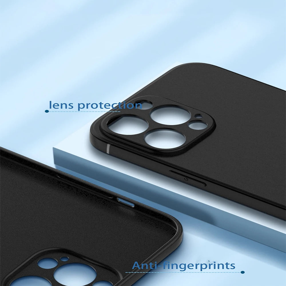 Close-up view of a black Tobi Mask for iPhone with a slim profile, emphasizing lens protection and anti-fingerprint features, highlighted by blue text annotations.