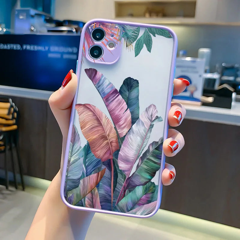 Photo of frosted phone case with a vibrant tropical leaf design