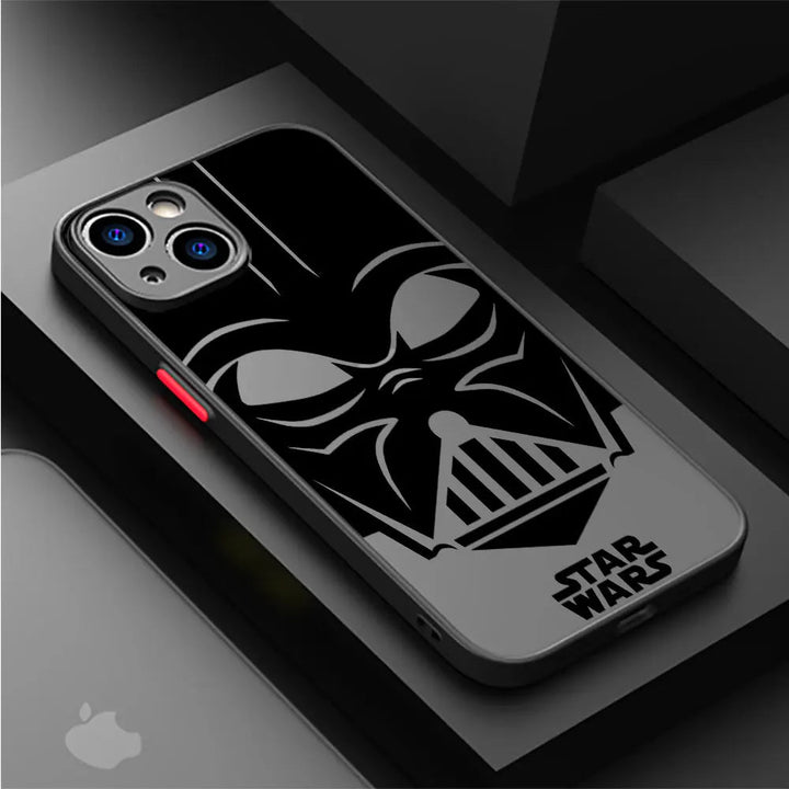 Vader Mask for iPhone: A smartphone case in black with anti-scratch protection, showcasing a graphic of Darth Vader’s mask and the "Star Wars" logo at the bottom.