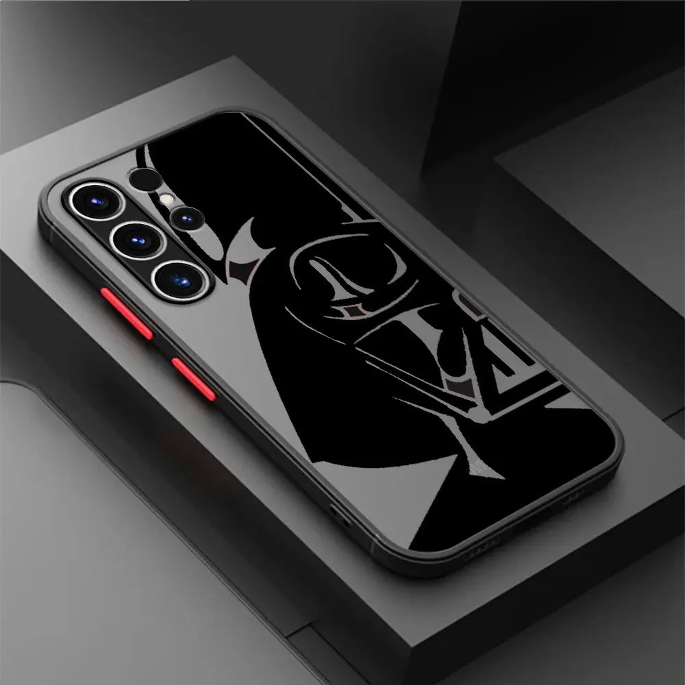 The "Vader Mask for Samsung" is a smartphone case that features a stylized graphic of Darth Vader's mask, offers anti-scratch protection, and fits a device with a multi-camera setup in sleek black.