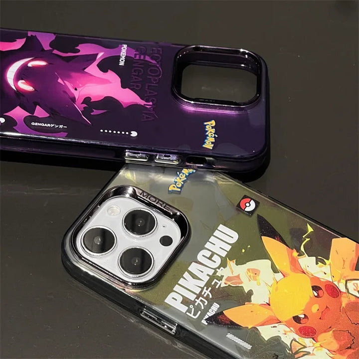 Two Vibrant Plating Pokemon Cases for iPhone, featuring Pikachu and Gengar designs. The top case highlights Gengar in dark colors, while the bottom case presents Pikachu with a bright yellow and green design. Each case provides anti-scratch protection, combining Pokémon flair with durability for your device.