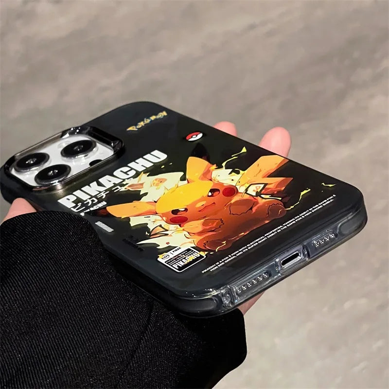 Close-up of a person holding an iPhone encased in the Vibrant Plating Pokemon Case, which features Pikachu in a dynamic pose with lightning effects in the background. Adding Pokémon flair, this anti-scratch case ensures your phone stays protected while showcasing everyone's favorite electric-type!